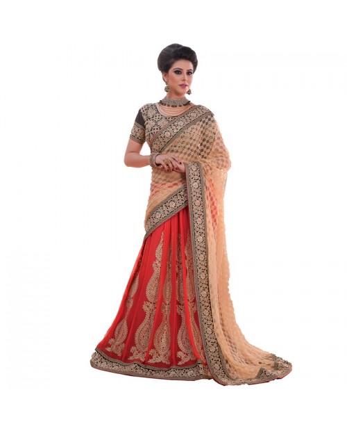 KITESHOP Majestic Red Beige Designer Lehenga Saree